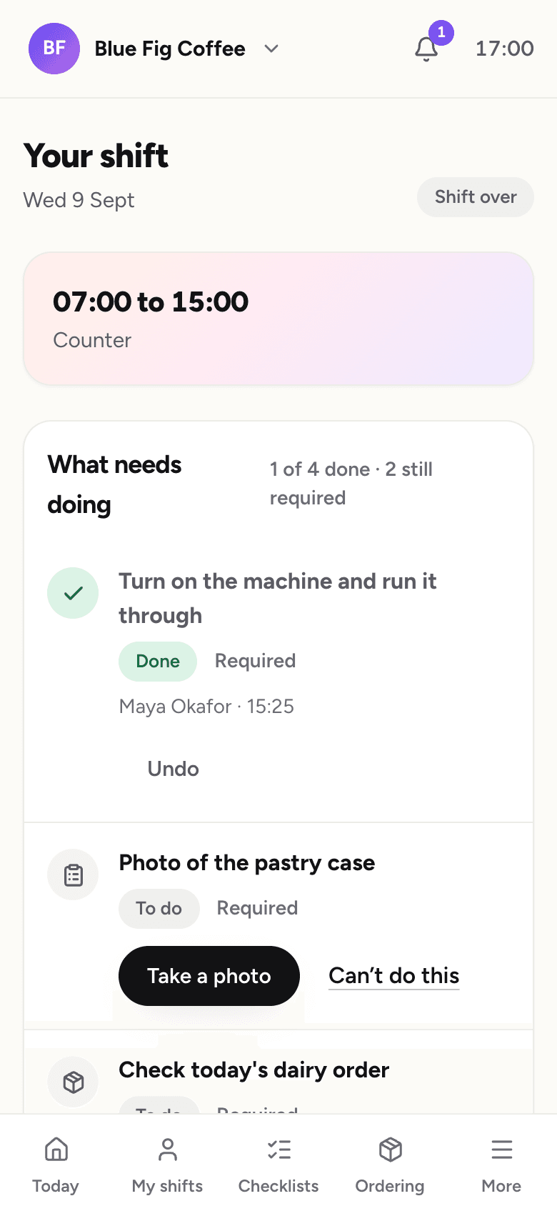 A staff shift checklist with required tasks, a photo request and a stock order.
